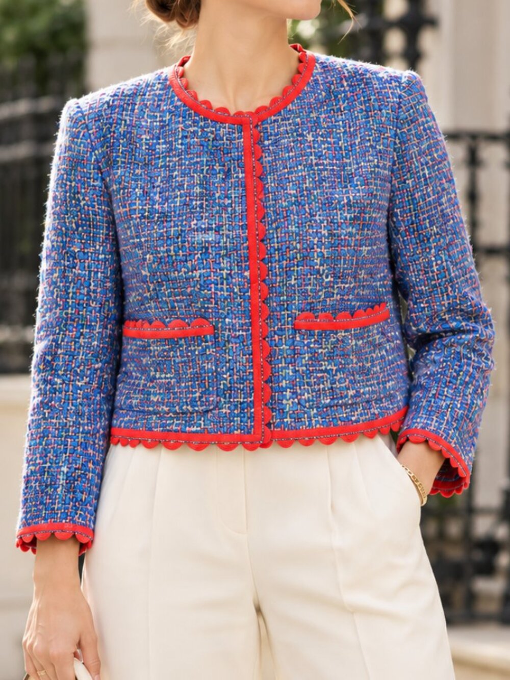 J.Crew Lady Jacket Autumn Tweed Blue Red Ric Rac Blazer Size 6
